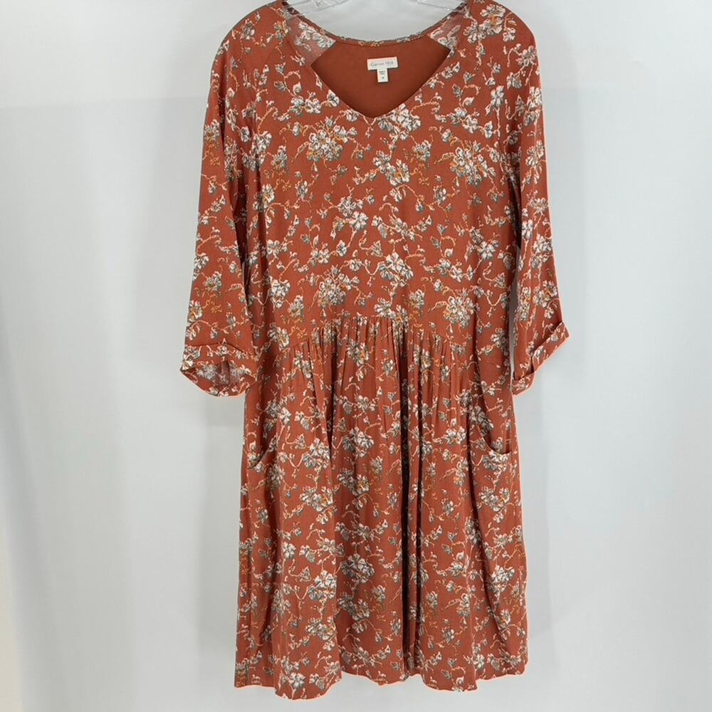 Garnet Hill Size 10 Brown Floral Button Drop Waist V-Neck Sheath Dress